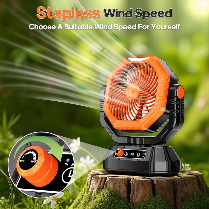 AJVV Camping Fan Rechargeable, Battery Powered Fan With Remote Controller, LED Light, Dual Motors, Stepless Speed, 45°/90°/270° Swing,Timer, Portable fan For Travel Tent Bedroom Beach Fishing, Orange - Image 4